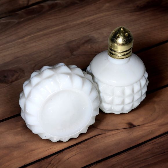 Vintage Milk Glass Salt and Pepper Shakers Diamond Cut Round Gold Metal Cap - Picture 2 of 3